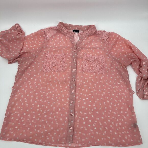 Women's Pink Sheer Polka Dot Button Up Blouse Lace Pockets Mock Collar Coquette - Picture 1 of 12